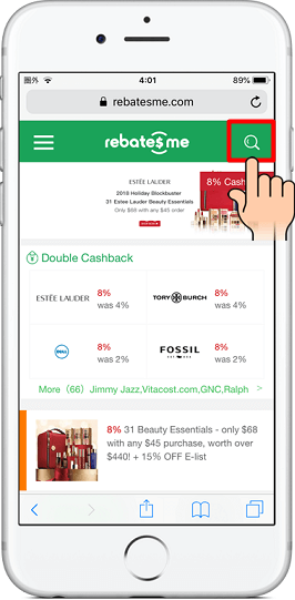 1.『RebatesMe.com(リベーツミー)』のWebサイトにアクセスし、右上の「検索アイコン(虫眼鏡)」をタップする。