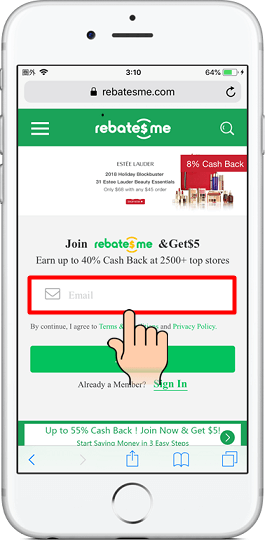1.『RebatesMe(リベーツミー)』のWebサイトにアクセスする。「Email」をタップする。