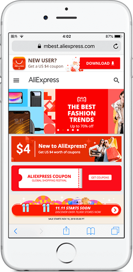 6.AliExpressのサイトが表示される。このままいつも通り買い物をすれば決済金額の8%がキャッシュバック対象になる。